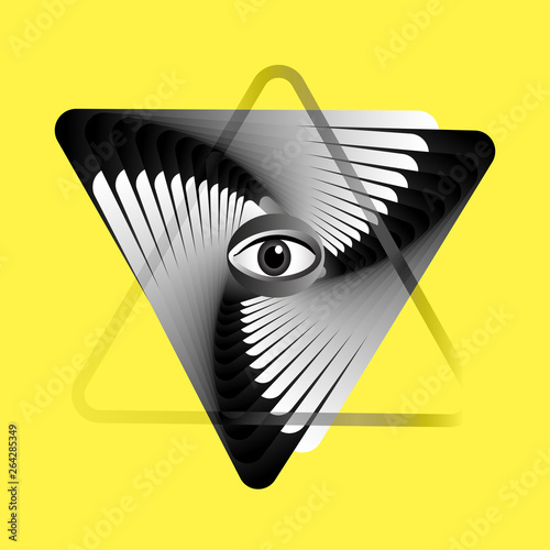 The mystical eye in the magic triangle, the secret emblem of alchemy and occultism, divination. The study of psychology and human aura. Yellow background. Abstract composition, Op-Art and Opt-Art.
