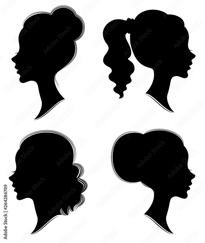 Collection. Silhouette of the head of a sweet lady. Pretty girl shows beautiful female hairstyle on medium and long hair. Suitable for logo, advertising. Vector illustration