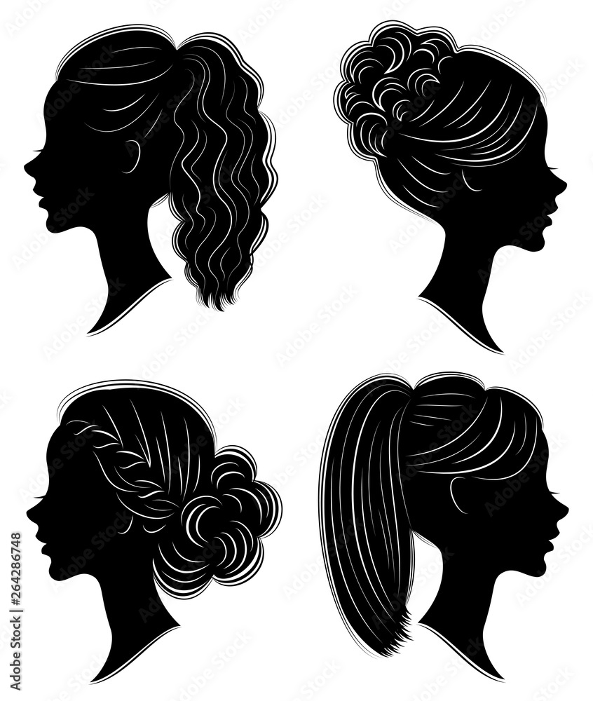 Collection. Silhouette of the head of a sweet lady. Pretty girl shows beautiful female hairstyle on medium and long hair. Suitable for logo, advertising. Vector illustration