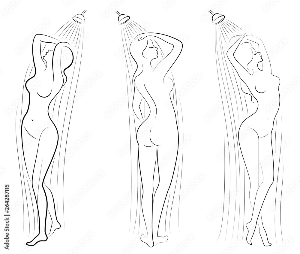 Collection. Silhouette of a cute young lady. The girl washes under a stream of water in the shower. The woman has a slim beautiful figure. Vector illustration set Collection. Silhouette of a cute young lady. The girl washes under a stream of water in the shower. The woman has a slim beautiful figure. Vector illustration set