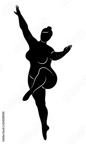 Silhouette of a cute lady, she is dancing ballet. The woman has an overweight body. Girl is plump. Woman ballerina, gymnast. Vector illustration