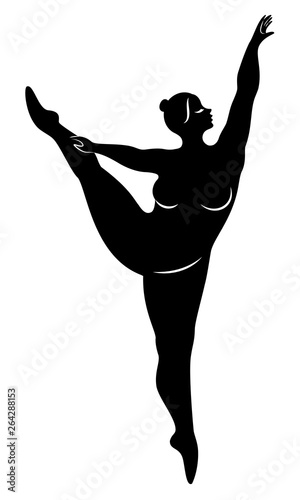 Silhouette of a cute lady, she is dancing ballet. The woman has an overweight body. Girl is plump. Woman ballerina, gymnast. Vector illustration