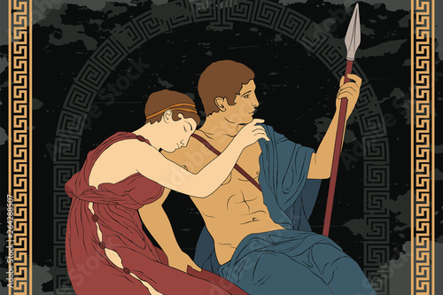 An ancient Greek warrior with a spear and his woman are sitting and hugging. Vector illustration on dark background.