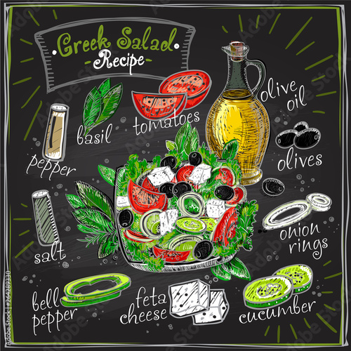 Greek salad recipe chalkboard design, salad menu with ingredients