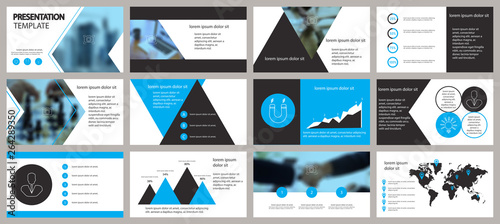 Blue and black presentation template. Elements for slide presentations on a white background. Flyer, brochure, corporate report, marketing, advertising, annual report, banner