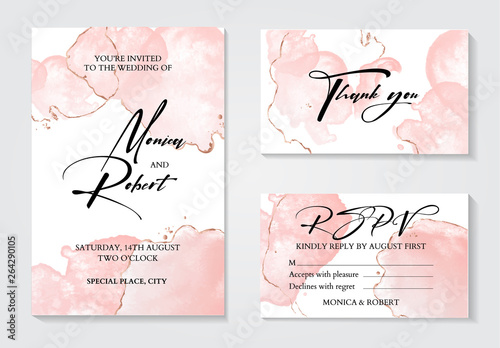 Romantic tender rose gold brush stroke watercolor background with glitter foil. Luxury invitation design for wedding invitation, save the date and thank you cards. With place for text.