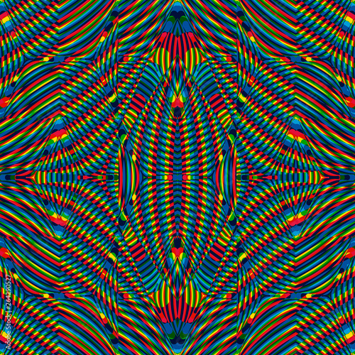Color seamless pattern with hypnotic trance texture. Multicolored glitched background. Op art unique bright kaleidoscope. Psychedelic trippy art.