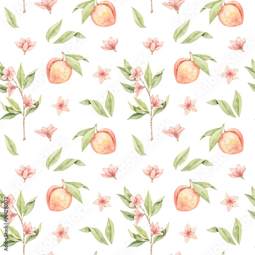 Watercolor botanical illustration. Botany seamless pattern with Peach fruit, pink flowers and leaves. Floral blossom . Perfect for packing, wrapping paper, fabric, textile.