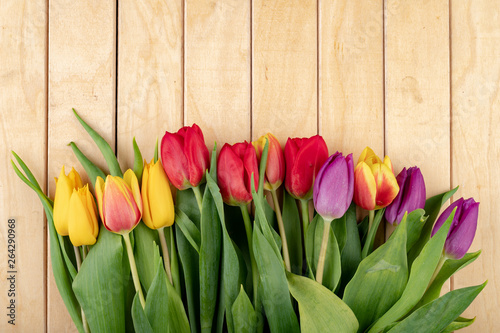 Tulip flower on a wooden table. Colorful flowers arranged on the table.