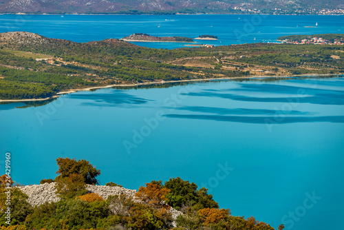 Vransko Lake and Kornati Islands. View from Kamenjak hill. Dalmatia, Croatia.