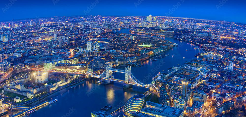 wide view of London city in a beautiful night. aerial shot