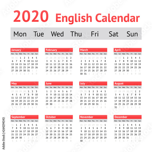 2020 European English Calendar. Week starts on Monday