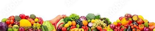 Panorama fresh fruits and vegetables isolated on white background.