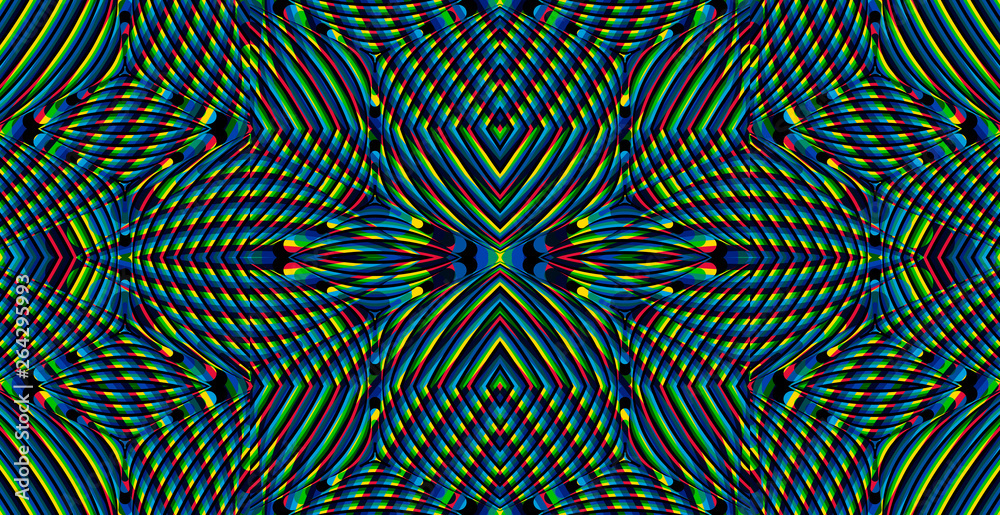 Fototapeta premium Color seamless pattern with hypnotic trance texture. Multicolored glitched background. Op art unique bright kaleidoscope. Psychedelic trippy art.
