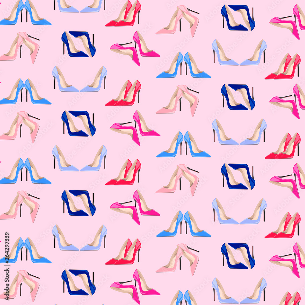 Fashion shoes seamless pattern. Hight-heels blue, red, pink and beige shoes on a pink background 