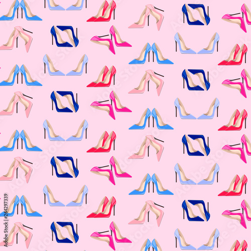 Fashion shoes seamless pattern. Hight-heels blue  red  pink and beige shoes on a pink background 