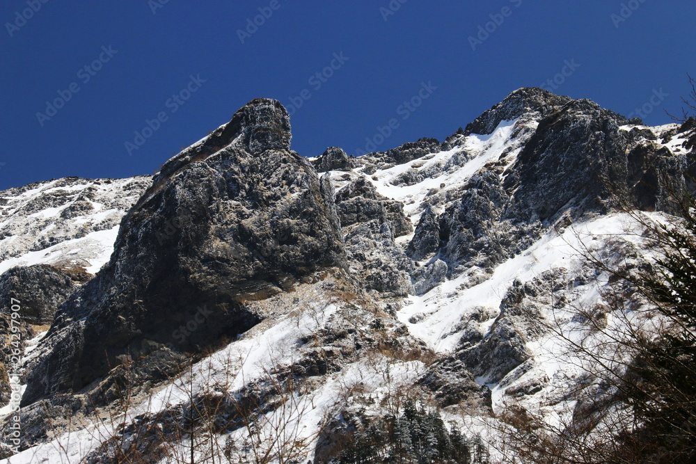 早春　雪の八ヶ岳連峰 赤岳鉱泉への道　北沢コース　横岳大同心小同心を仰ぎ見る