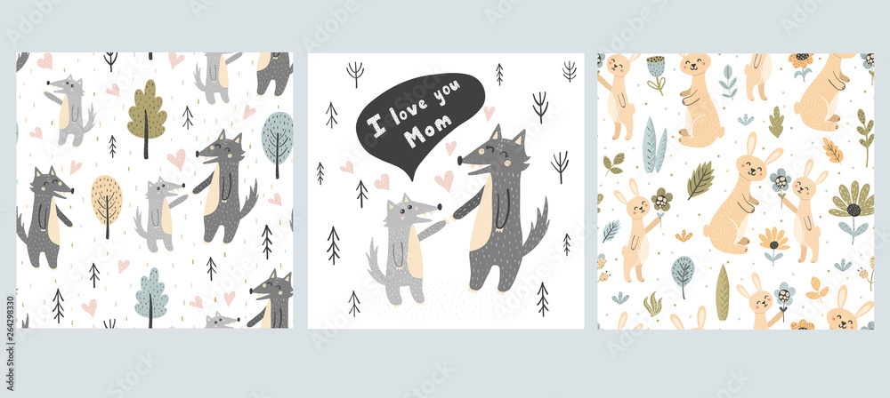 Forest seamless patterns collection. Backgrounds with cute wolves and rabbits - mothers and babies. Vector illustration