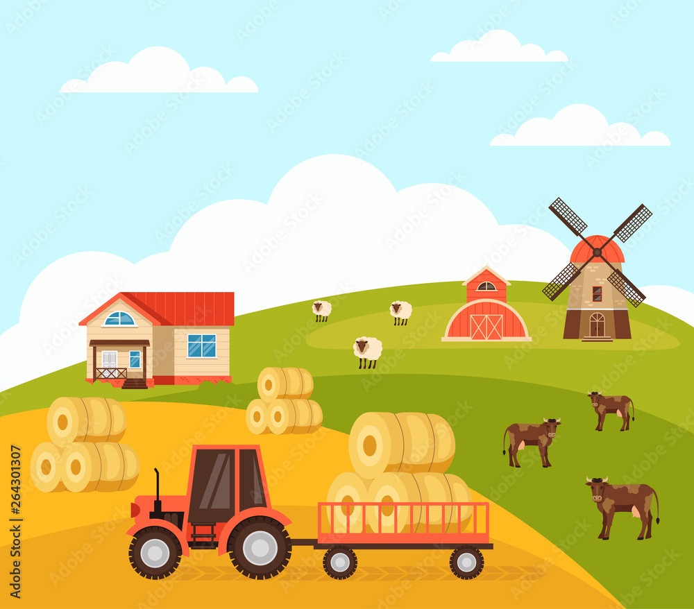 Tractor harvesting farm life concept. Vector flat graphic design illustration Tractor harvesting farm life concept. Vector flat graphic design illustration