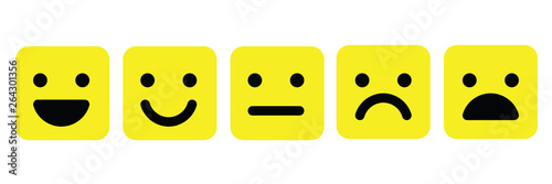 Basic emoticons set in square with rounded corners. Five facial expression of feedback scale - from positive to negative. Simple colored vector icons