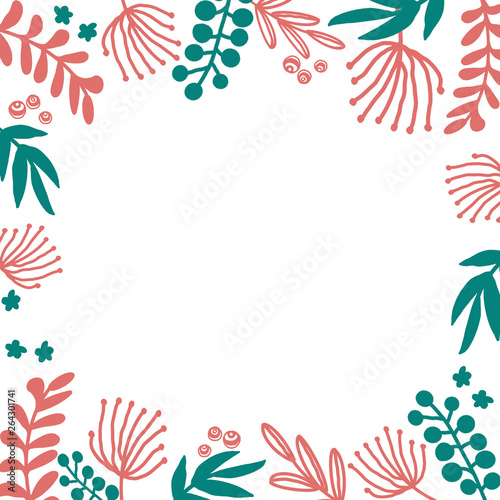 Frame floral hand drawn illustrations set in doodle style with flowers and leaves on white backdrop. Gentle floral background