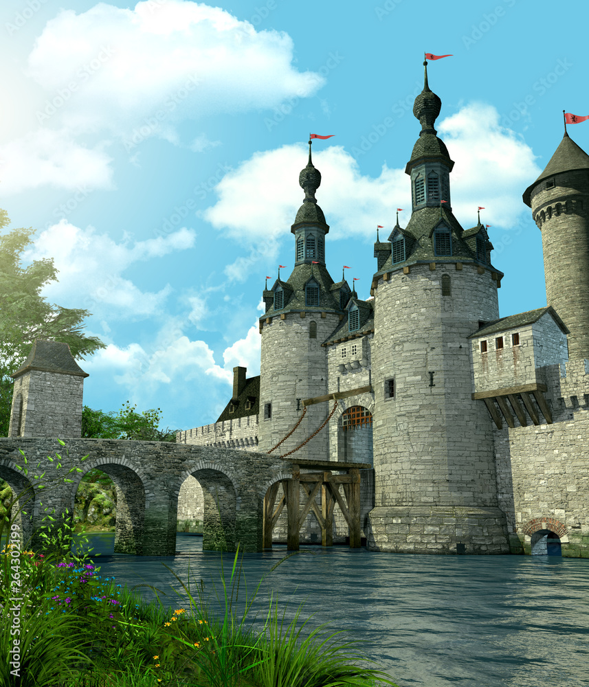 Romantic Fantasy Castle Protected by a Moat