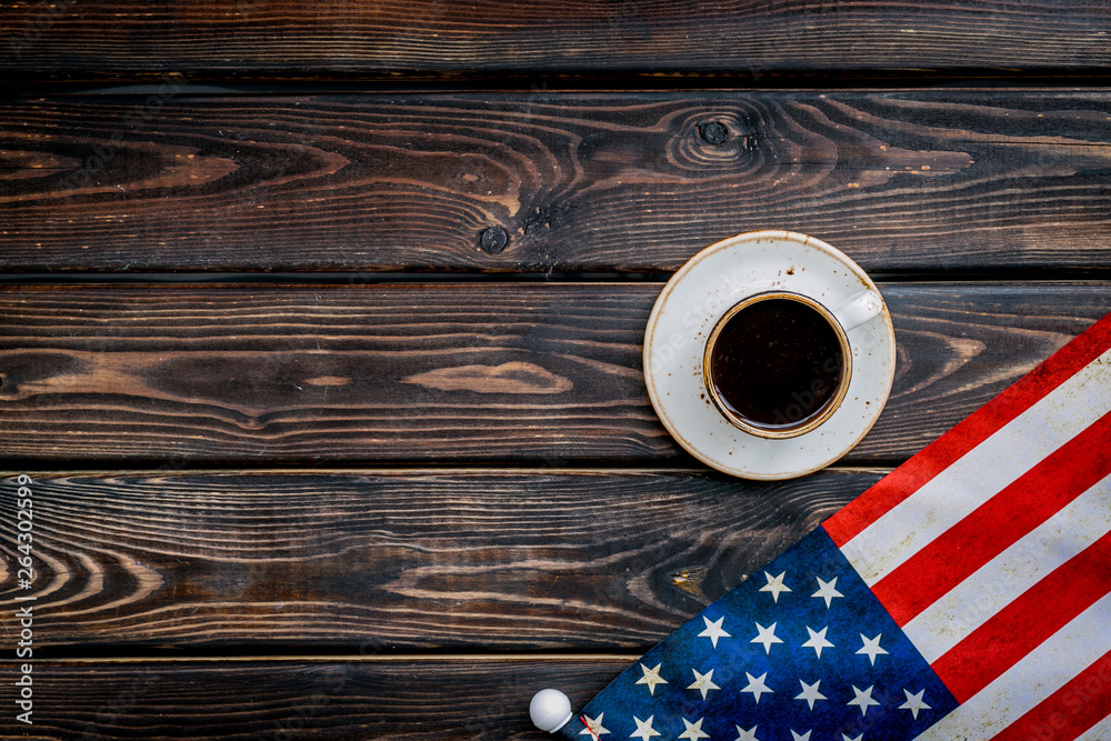 Fototapeta Memoral day of United States of America with flag and coffee on wooden background top view mock up