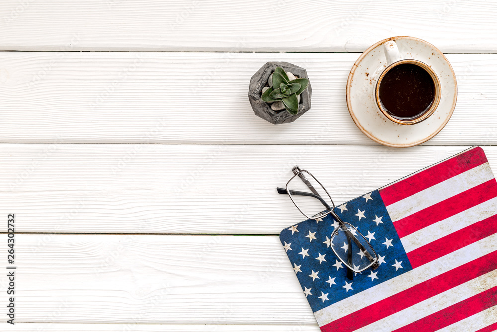 Obraz premium Memoral day of United States of America with flag, glasses and coffee on white background top view mockup