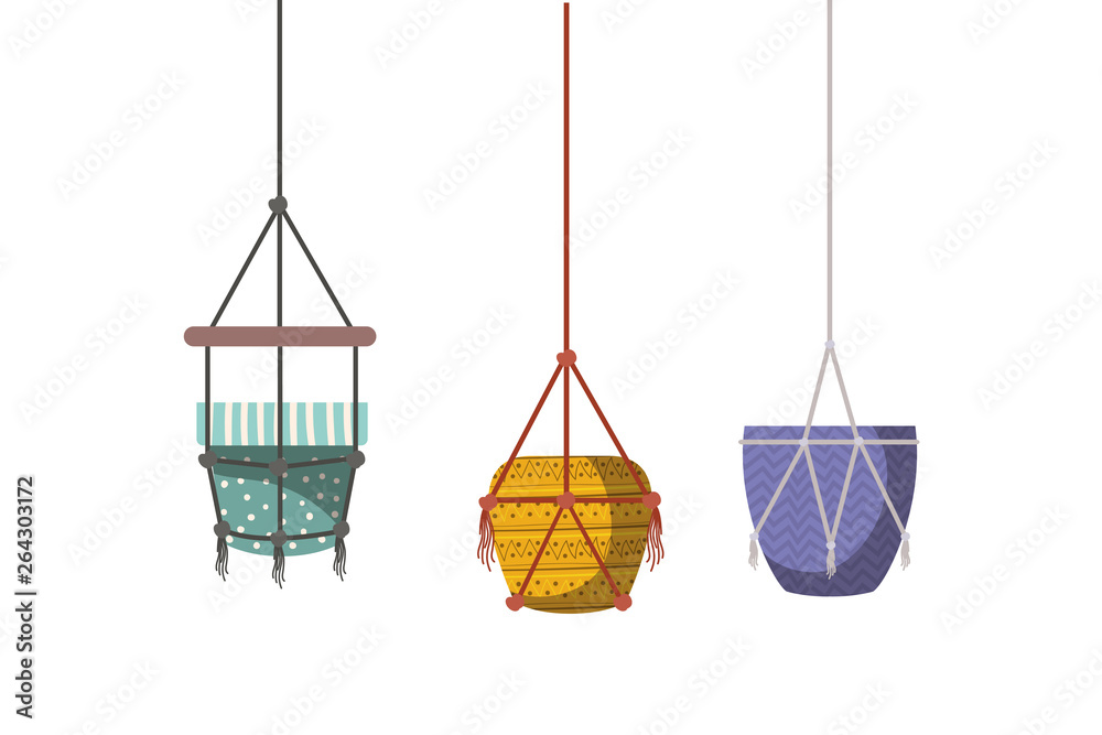 flower pots in macrame hangers icon