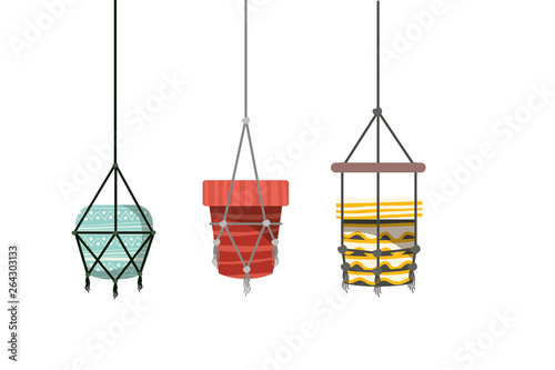 flower pots in macrame hangers icon