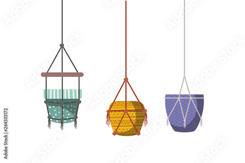 flower pots in macrame hangers icon