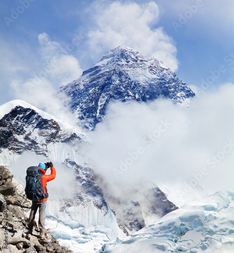 Mount Everest with hiker, Nepal Himalayas mountains