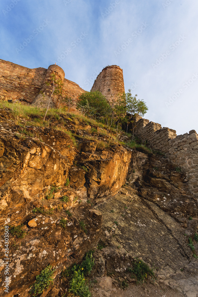 Bottom view of Narikala fortress, ancient landmark on Mtatsminda mountain. Tbilisi, Georgia.