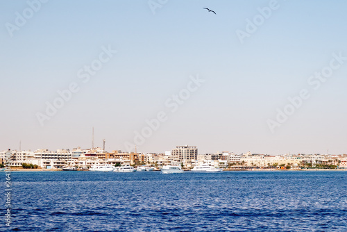 Hurghada coastline with hotel and resort buildings. View on seascape from boat. Red sea, Egypt.