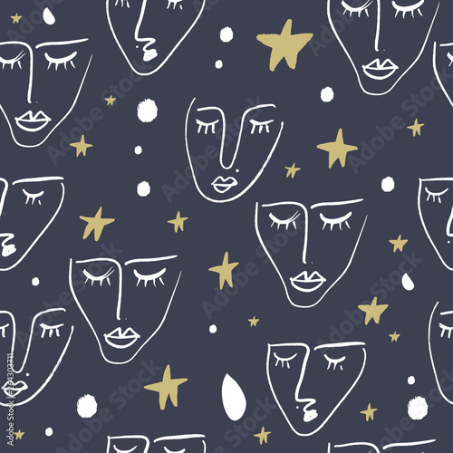 Simple hand drawn trendy line portrait art. Seamless pattern. Print for clothes, textile and other. Vector