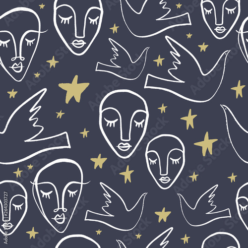 Simple hand drawn trendy line portrait art. Seamless pattern. Print for clothes, textile and other. Vector