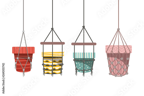 flower pots in macrame hangers icon