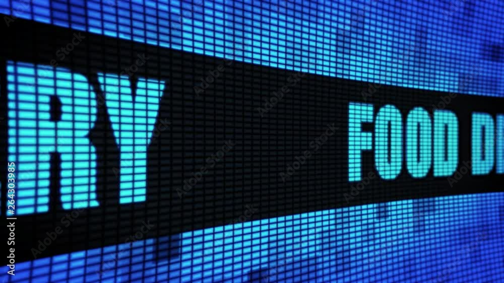 Food Delivery Side Text scrolling on Light Blue Digital LED Display Board Pixel Light Screen Looped Animation 4K background. Sign Board , Blinking Light, Pixel Monitor, LED Wall Pannel Food Delivery Side Text scrolling on Light Blue Digital LED Display Board Pixel Light Screen Looped Animation 4K background. Sign Board , Blinking Light, Pixel Monitor, LED Wall Pannel
