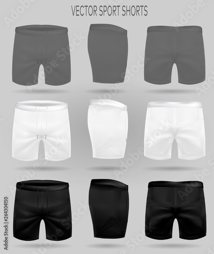 set of white, black and gray shorts. briefs for sport. realistic vector mockup