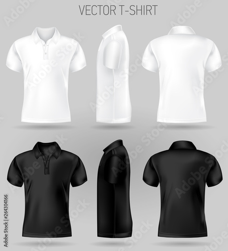 black and white short sleeve polo shirt design templates front, back, and side views . vector t-shirt mock up