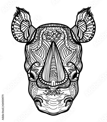 The head of a rhinoceros. Meditation, coloring of the mandala. Fluffy ears, big horn on the nose. Drawing manually, templates. Strips, points, arrows. Spots of watercolor paint, spray. Print, logo.