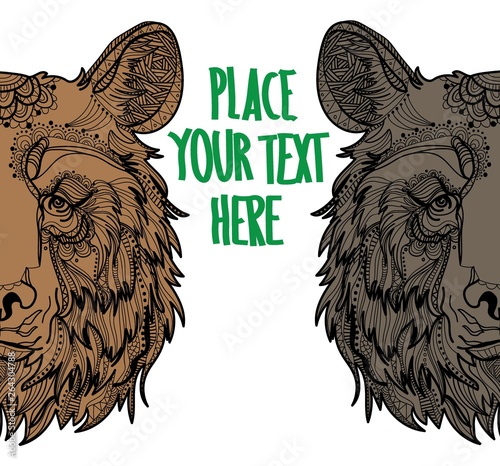 The head of a bear. Meditation, coloring of the mandala. Fluffy face with large ears. Drawing manually, templates. Strips, points, arrows . Mighty predator.