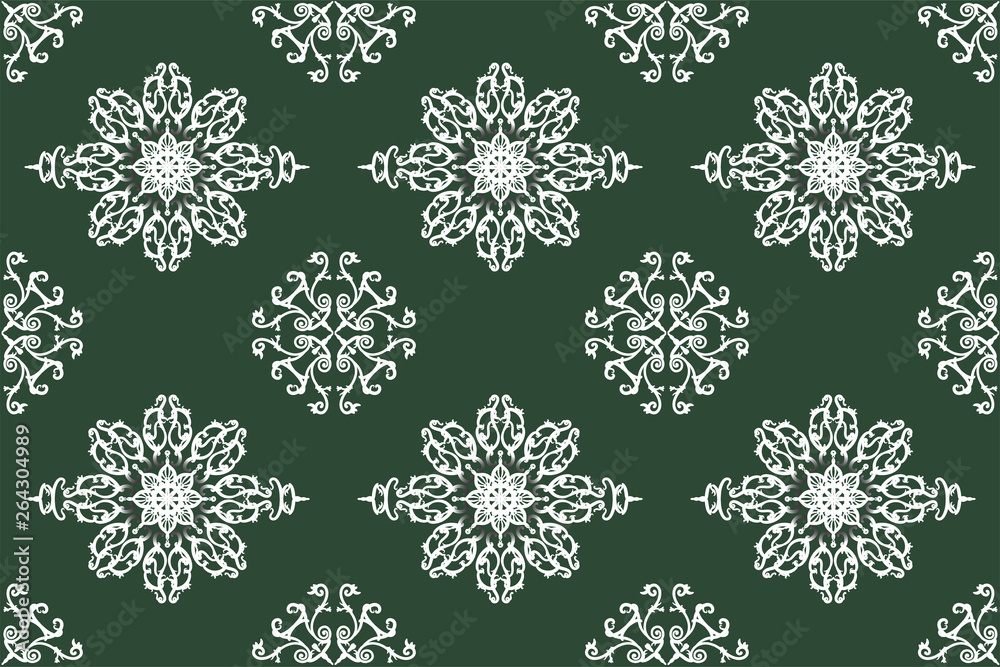 Traditional seamless pattern hand drawn with traditional ornament decoration and mixed with victorian style. Geometry for each side. Green and white background.