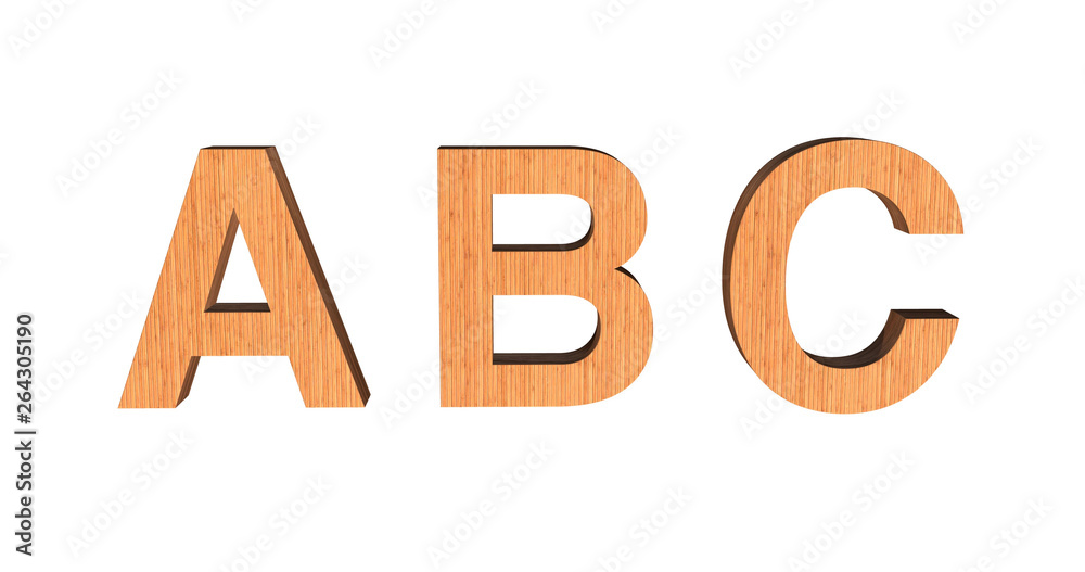 3D illustration of ABC text with wooded texture on white background. 3D rendering. 3D illustration of ABC text with wooded texture on white background. 3D rendering.