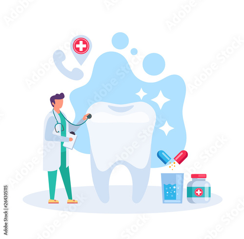 Dentist doctor man character exam checking tooth. Somatology office dentist concept. Vector flat graphic design illustration