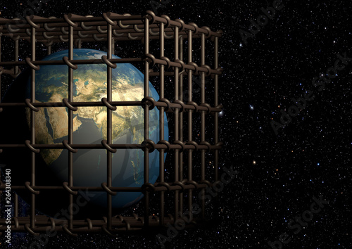 Fototapeta Naklejka Na Ścianę i Meble -  Planet earth behind an iron prison cell. 3D rendering.
