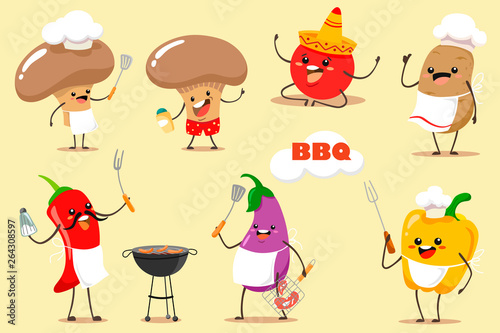 Barbecue  vegetable vector set for bbq party and picnic.Funny and cartoon vegetables chilli, mushrooms, eggplant, tomato, pepper, potatoes for summer barbecue. Vector vegetable isolates.