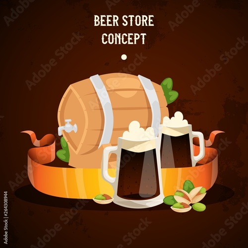 Beer in beerhouse brewery vector beermug beerbottle and dark ale illustration backdrop of beerbarrel in bar on beery alcohol party background banner