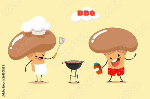 Fun and cartoon mushrooms make a barbecue. Vector illustration for summer barbecue party