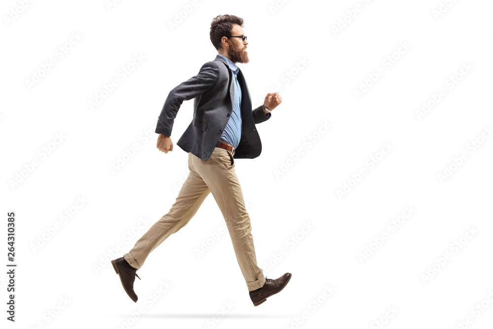 Bearded man in formal clothes running
